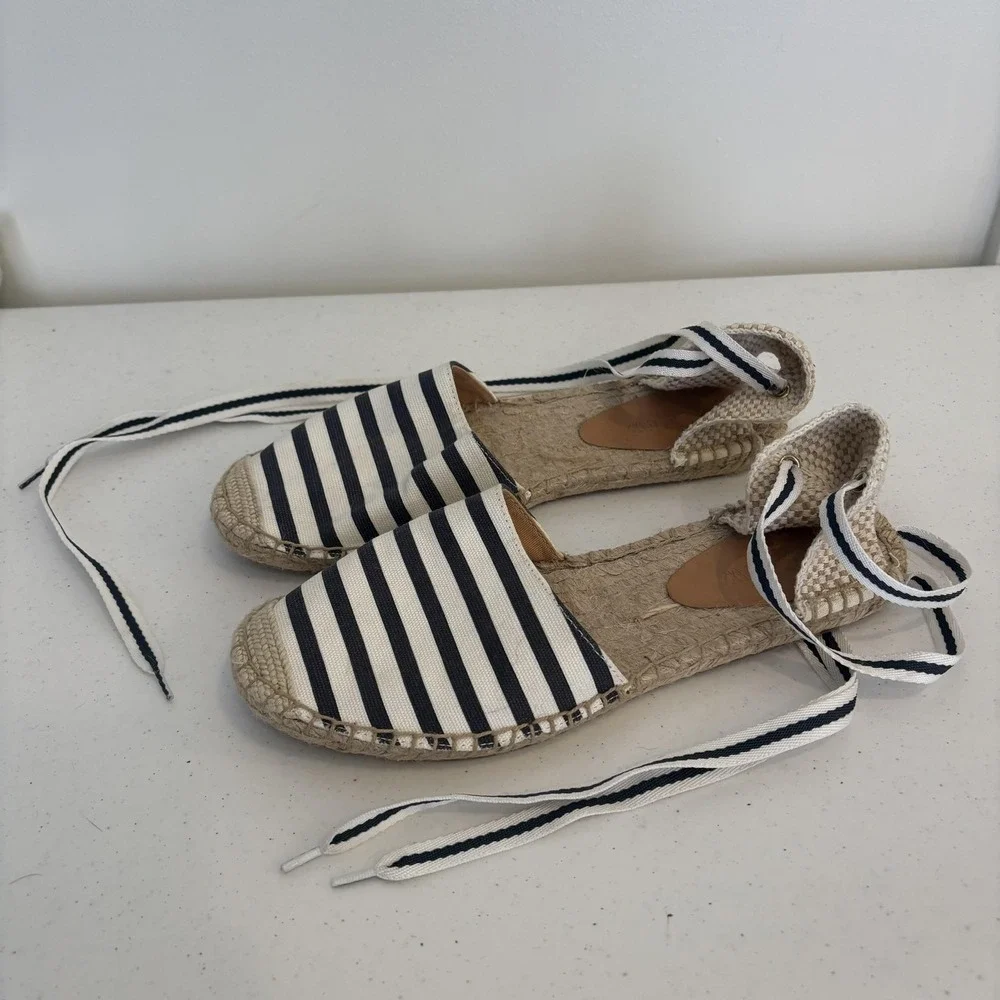 J Crew Shoes Womens Size 8 Navy Ivory‎ Espadrille Stripe Ankle Tie Flats Summer